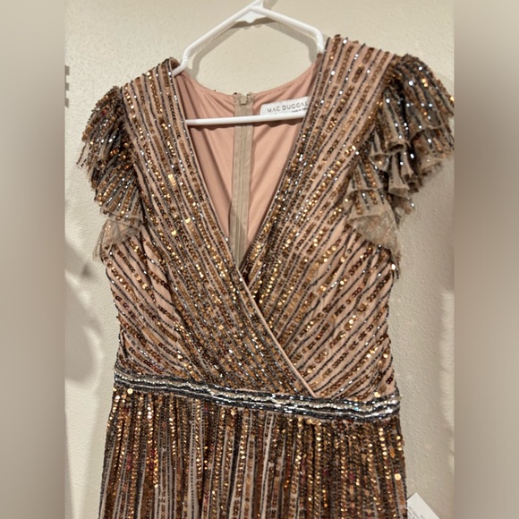 Mac Duggal 5502 Copper Sequined Wrap Over Flutter Cap Sleeve Gown Sz 12 $698 - Picture 4 of 12